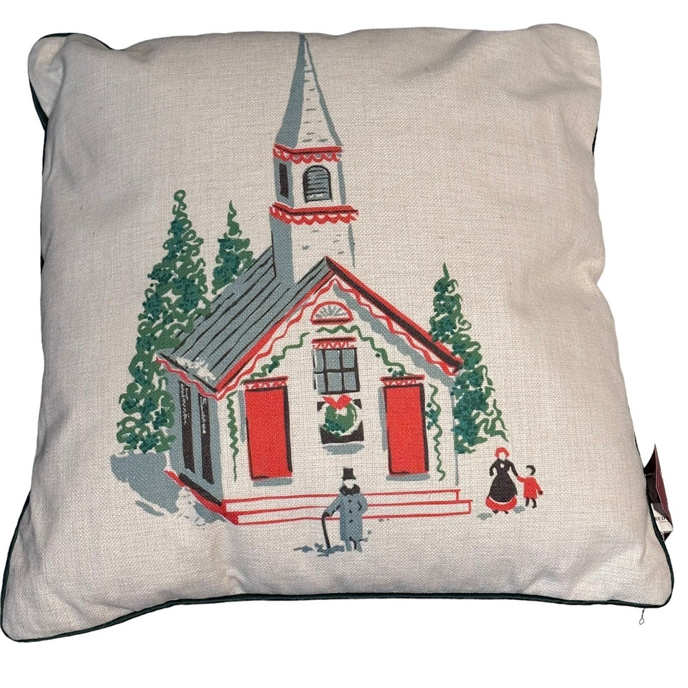 Red Shed Decorative Holiday Christmas Pillow Old Steeple Church Size 18x18‎